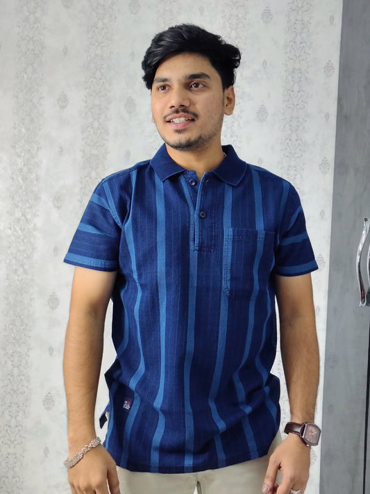 Navy Blue Striped Polo T‑Shirt – Timeless Vertical Stripe Smart-Casual Style for Men