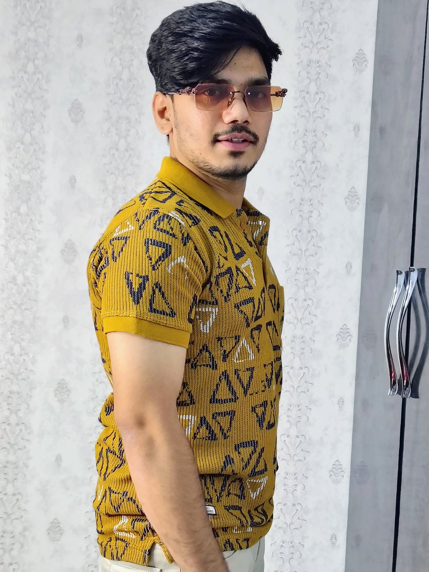 Bold Mustard Yellow Printed Polo T‑Shirt – Standout Smart-Casual Style for Men 👕✨