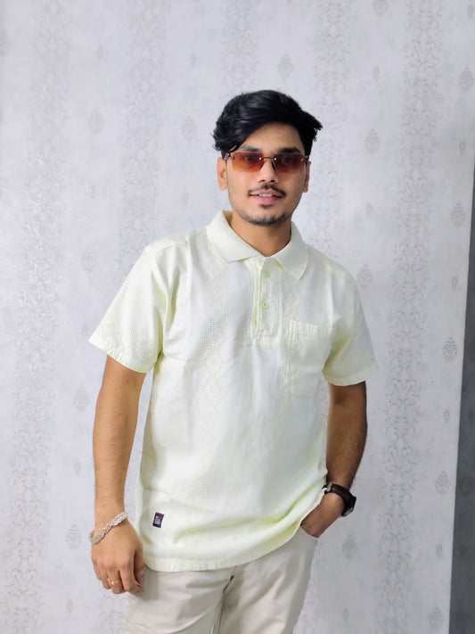 Pastel Yellow Textured Polo T‑Shirt – Clean, Minimal Smart-Casual Look for Men 👕✨